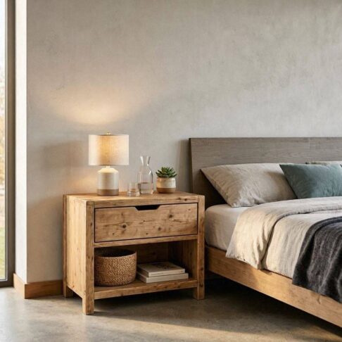 rustic pine bed side unit in modern room