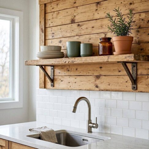 rustic pine shelf in kitchen in modern house