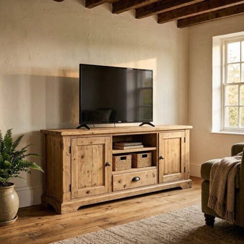 rustic pine tv unit in country room